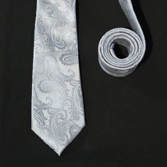 Paul Malone Silver Paisley Neck Tie Luxury Polyester Formal Wedding - Picture 1 of 6